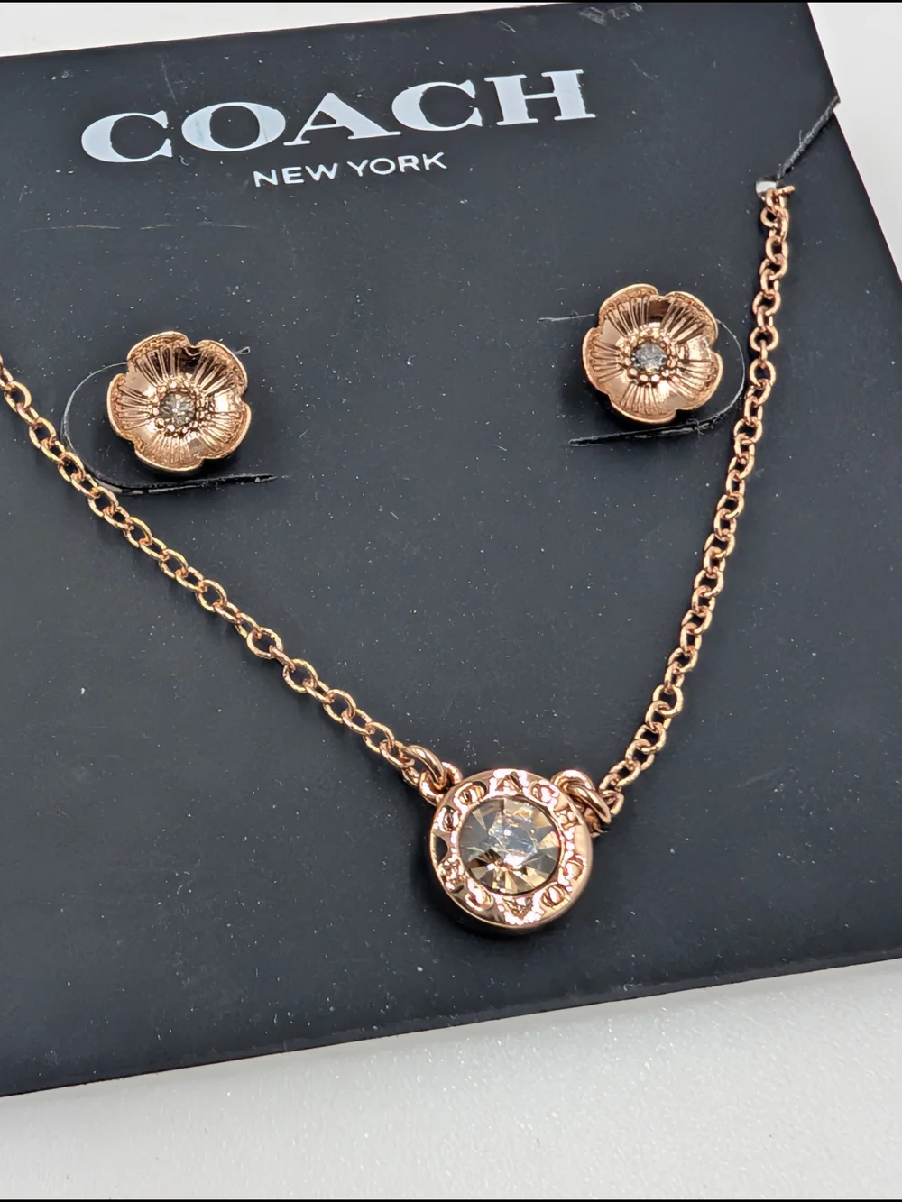 Coach Rose Gold Floral Crystal Necklace and Studs Set